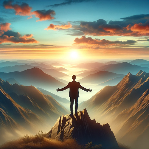 Figure on mountaintop with open arms, signifying victory over social anxiety
